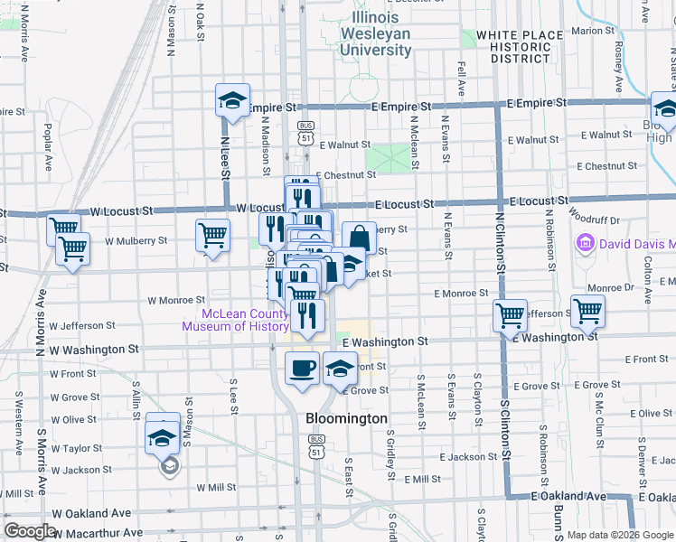 map of restaurants, bars, coffee shops, grocery stores, and more near 208 East Market Street in Bloomington