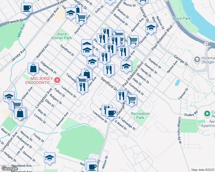 map of restaurants, bars, coffee shops, grocery stores, and more near 120 Sandford Street in New Brunswick