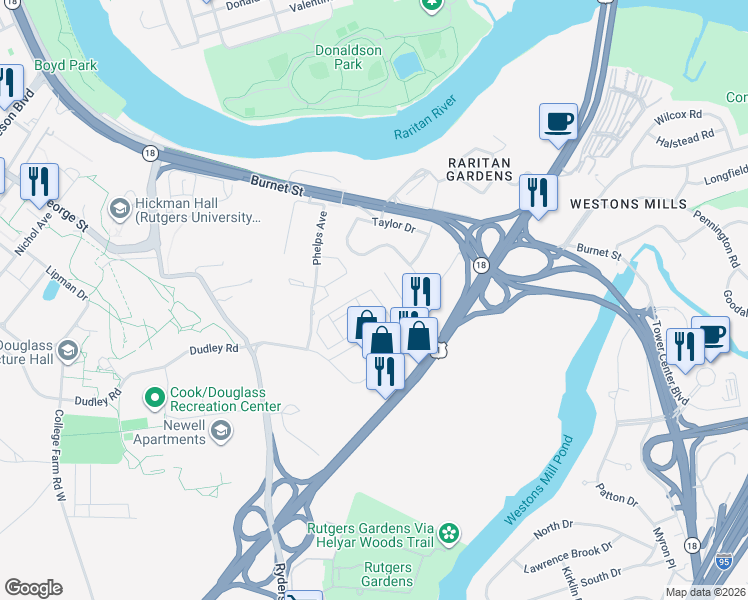 map of restaurants, bars, coffee shops, grocery stores, and more near 88 Phelps Avenue in New Brunswick