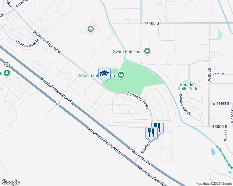 map of restaurants, bars, coffee shops, grocery stores, and more near Academy Parkway in Herriman