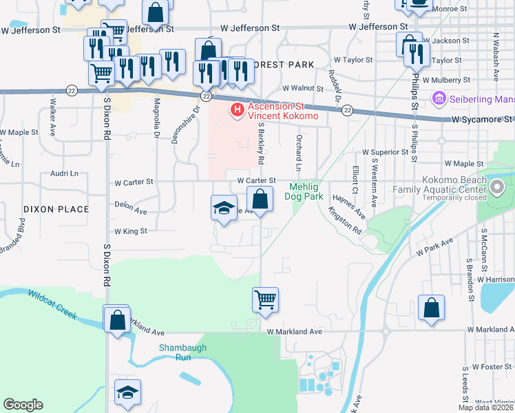 map of restaurants, bars, coffee shops, grocery stores, and more near 1900 West Vaile Avenue in Kokomo