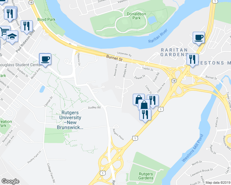 map of restaurants, bars, coffee shops, grocery stores, and more near 85 Phelps Avenue in New Brunswick