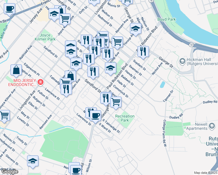 map of restaurants, bars, coffee shops, grocery stores, and more near 232 Commercial Avenue in New Brunswick