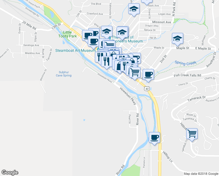 map of restaurants, bars, coffee shops, grocery stores, and more near 401 Howelsen Parkway in Steamboat Springs