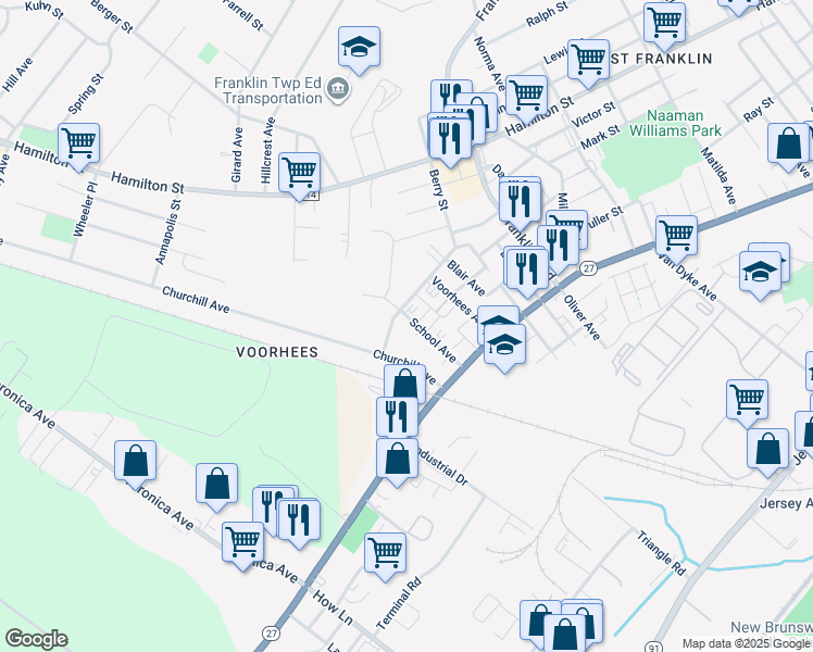 map of restaurants, bars, coffee shops, grocery stores, and more near 20 Gurley Street in Franklin Township