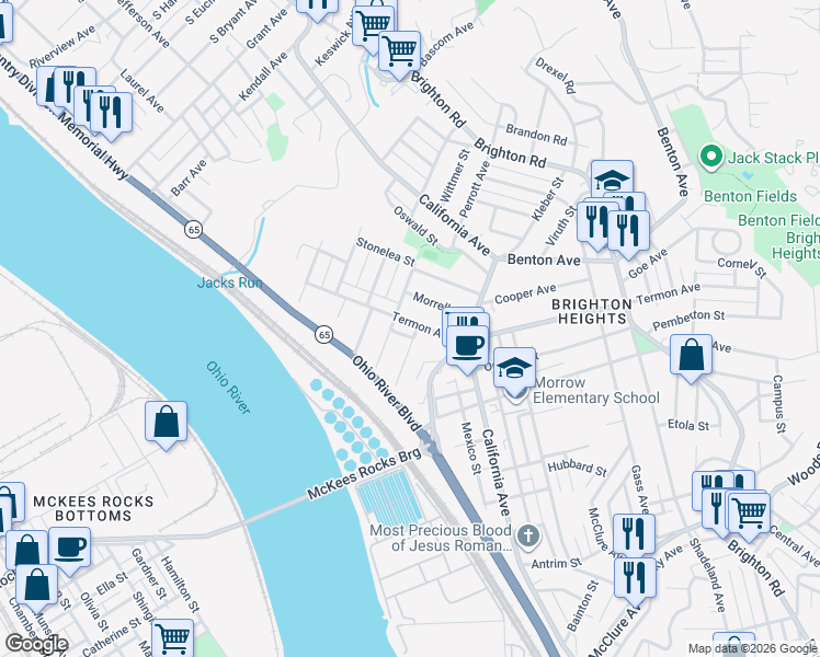 map of restaurants, bars, coffee shops, grocery stores, and more near 1905 Termon Avenue in Pittsburgh