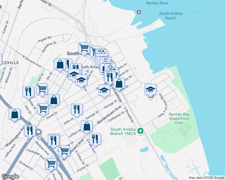 map of restaurants, bars, coffee shops, grocery stores, and more near 214 John Street in South Amboy