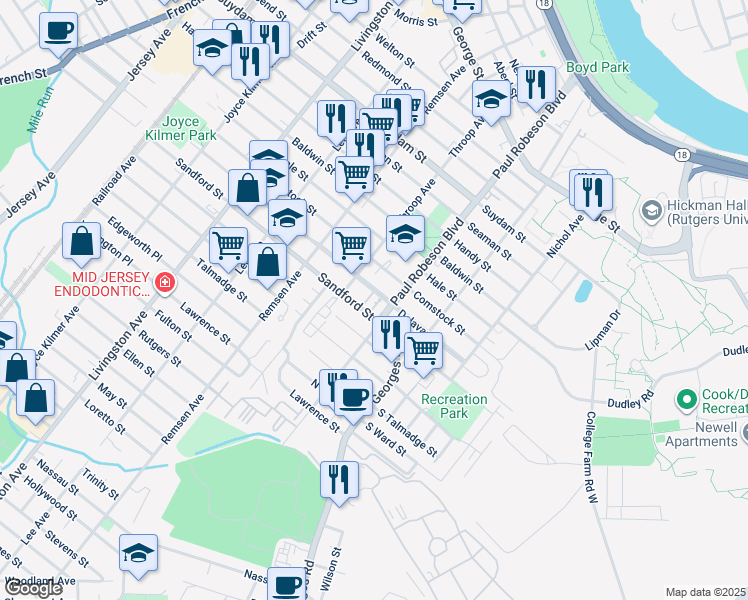 map of restaurants, bars, coffee shops, grocery stores, and more near 23 Delavan Street in New Brunswick