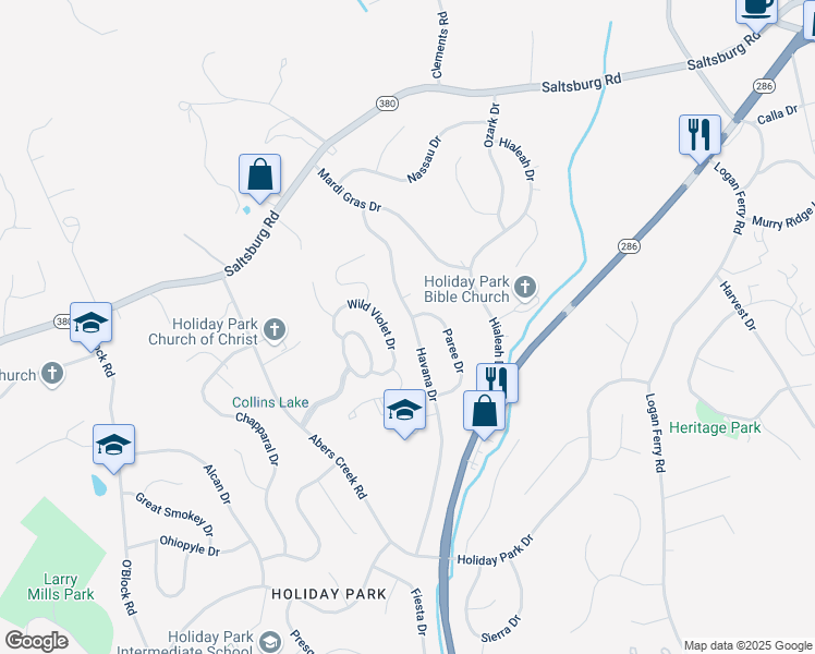 map of restaurants, bars, coffee shops, grocery stores, and more near 4845 Havana Drive in Pittsburgh