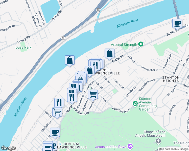 map of restaurants, bars, coffee shops, grocery stores, and more near 5313 Carnegie Street in Pittsburgh