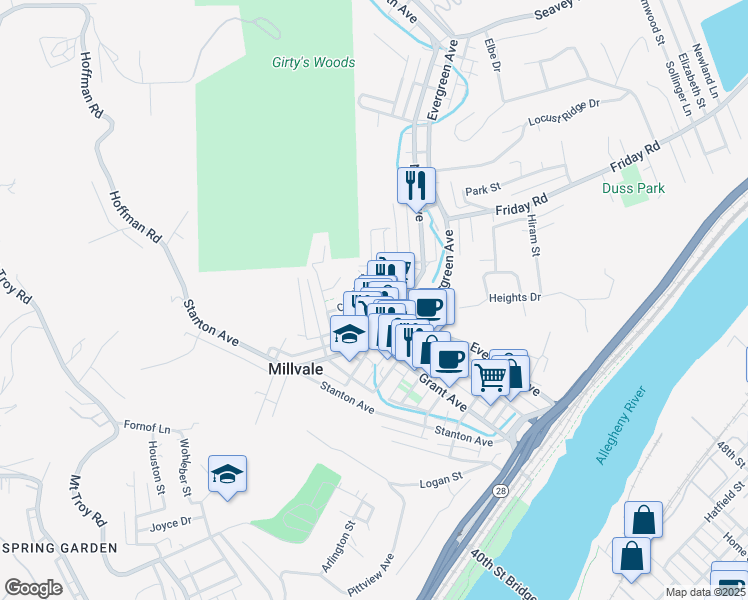 map of restaurants, bars, coffee shops, grocery stores, and more near 223 Sample Street in Pittsburgh
