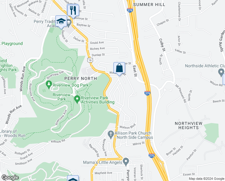 map of restaurants, bars, coffee shops, grocery stores, and more near 3401 Portola Street in Pittsburgh