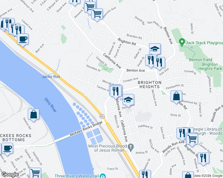 map of restaurants, bars, coffee shops, grocery stores, and more near 3639 California Avenue in Pittsburgh