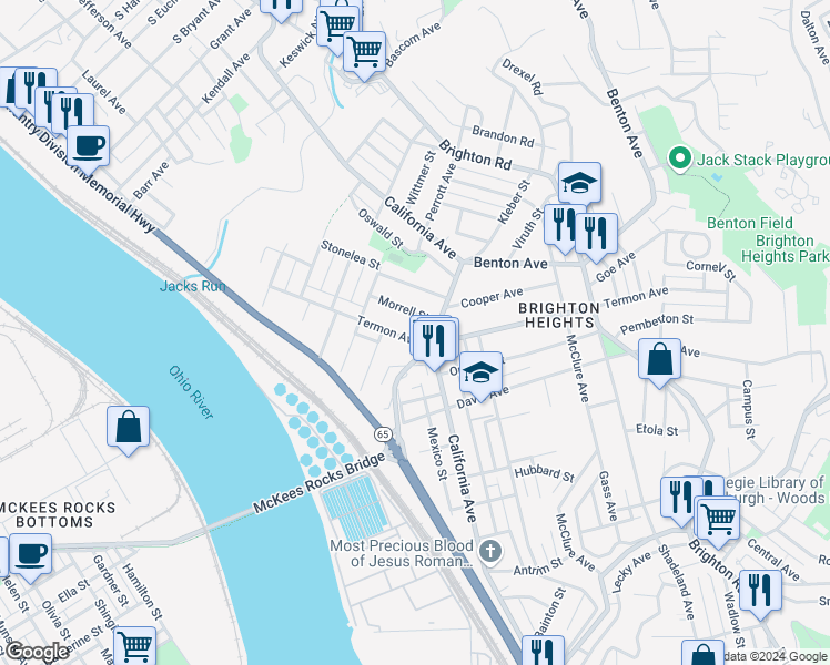 map of restaurants, bars, coffee shops, grocery stores, and more near 1805 Termon Avenue in Pittsburgh