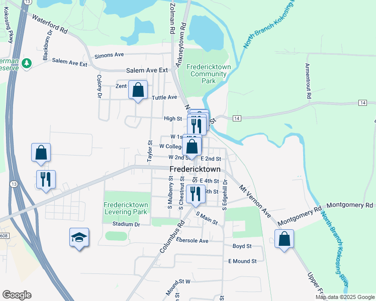map of restaurants, bars, coffee shops, grocery stores, and more near 39 West 2nd Street in Fredericktown