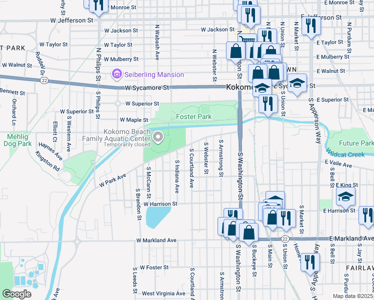 map of restaurants, bars, coffee shops, grocery stores, and more near 506 South Courtland Avenue in Kokomo