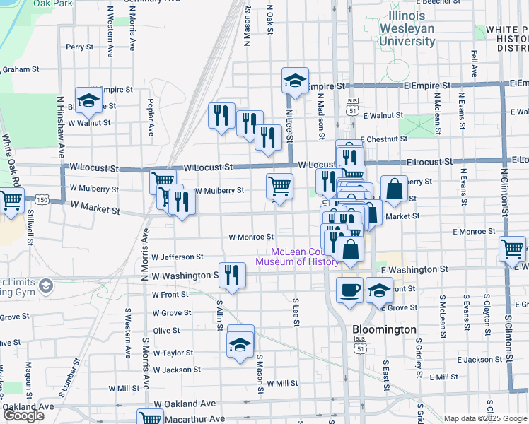 map of restaurants, bars, coffee shops, grocery stores, and more near 610 West Market Street in Bloomington
