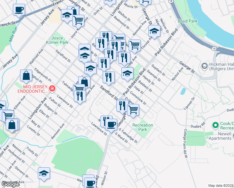 map of restaurants, bars, coffee shops, grocery stores, and more near 23 Delavan Street in New Brunswick