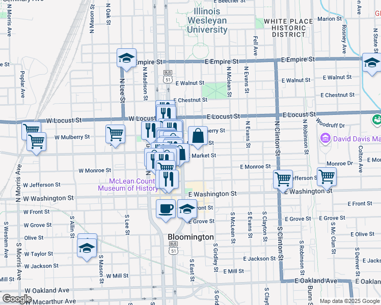 map of restaurants, bars, coffee shops, grocery stores, and more near 208 East Market Street in Bloomington