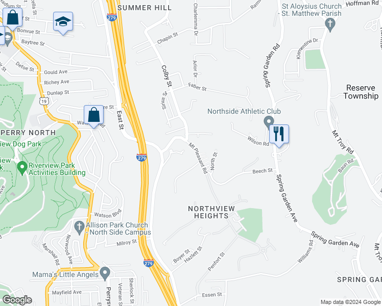 map of restaurants, bars, coffee shops, grocery stores, and more near 310 Mount Pleasant Road in Pittsburgh