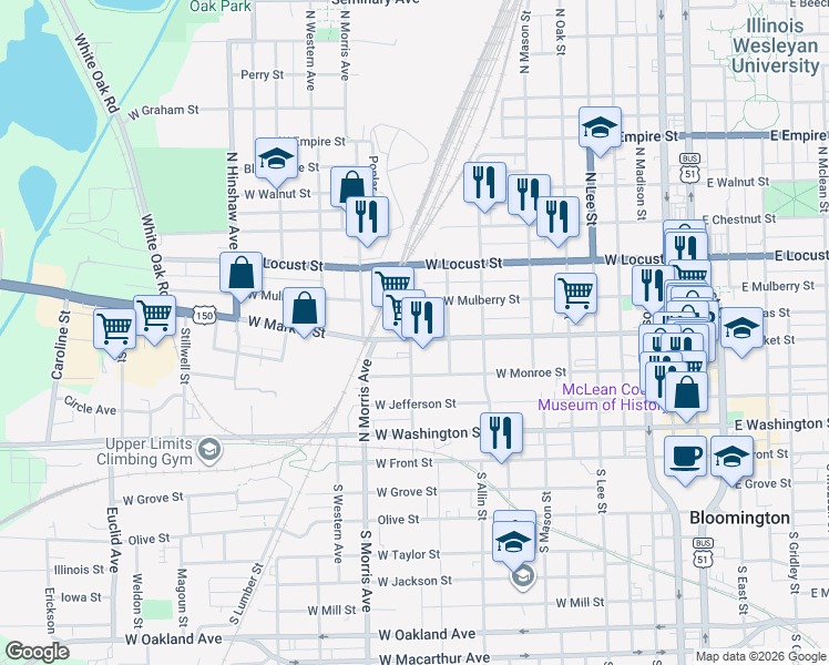 map of restaurants, bars, coffee shops, grocery stores, and more near 917 West Market Street in Bloomington