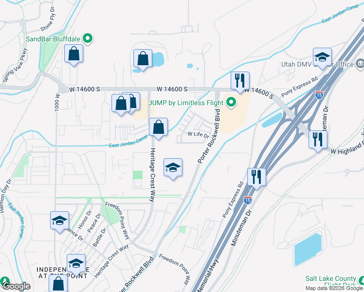 map of restaurants, bars, coffee shops, grocery stores, and more near 649 Koins Way in Bluffdale