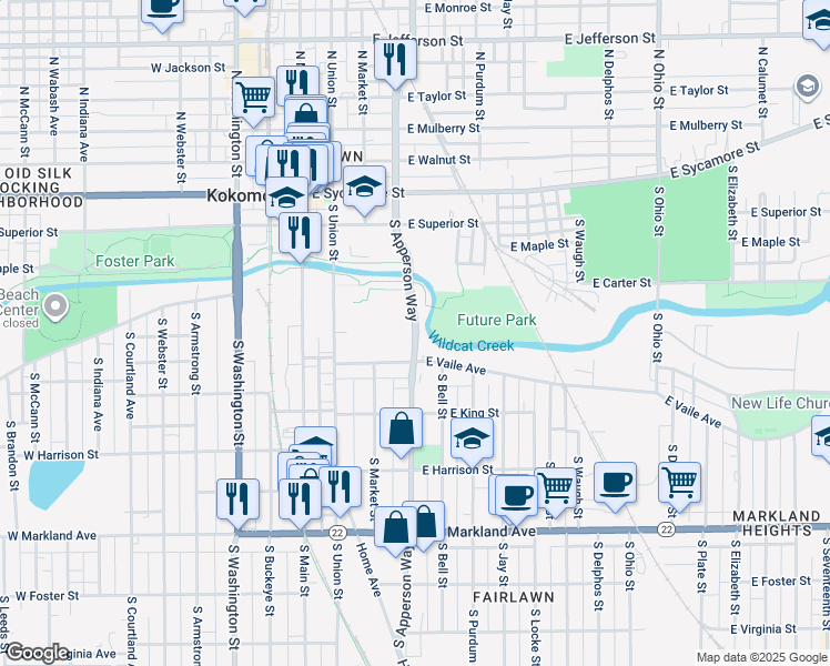 map of restaurants, bars, coffee shops, grocery stores, and more near 501 South Apperson Way in Kokomo