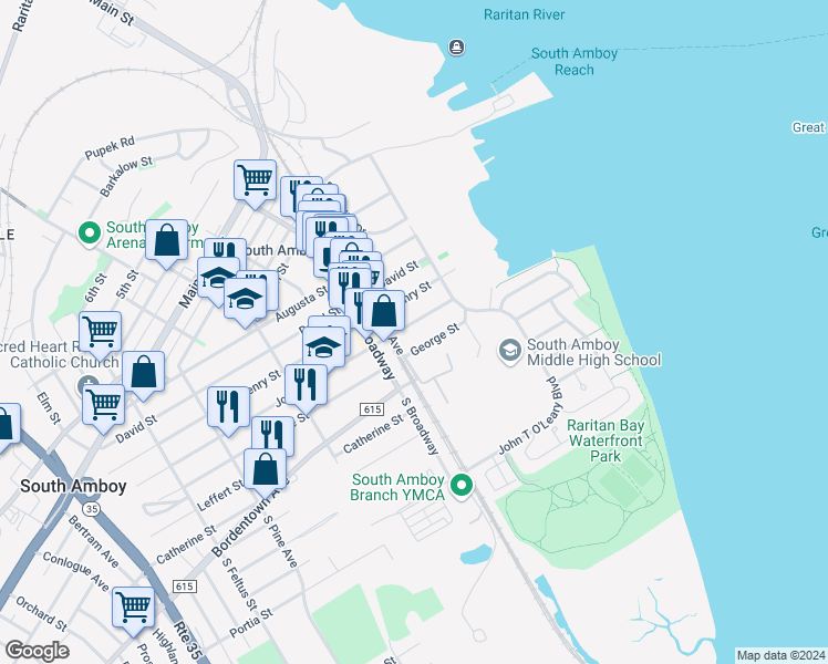 map of restaurants, bars, coffee shops, grocery stores, and more near 137 George Street in South Amboy