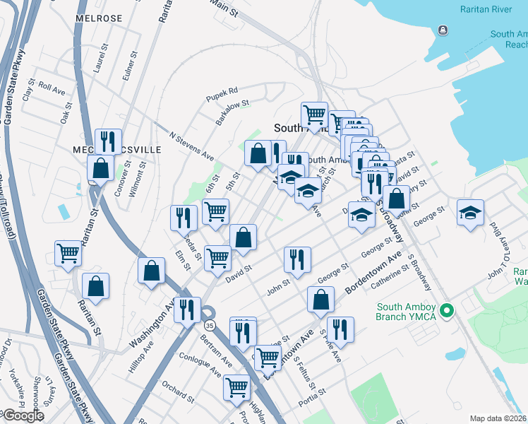 map of restaurants, bars, coffee shops, grocery stores, and more near 341 2nd Street in South Amboy