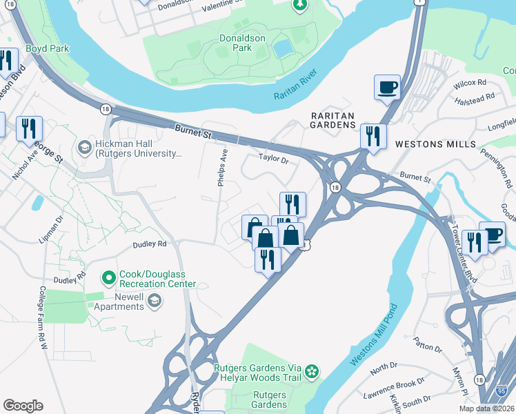map of restaurants, bars, coffee shops, grocery stores, and more near 88 Phelps Avenue in New Brunswick