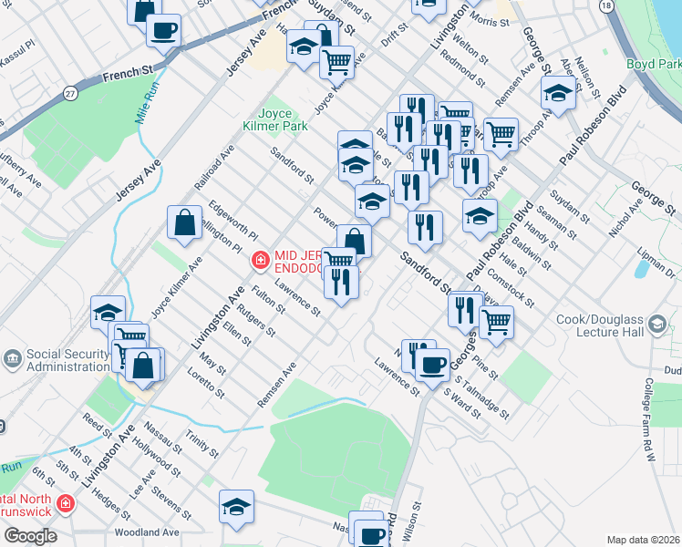 map of restaurants, bars, coffee shops, grocery stores, and more near 269 Remsen Avenue in New Brunswick