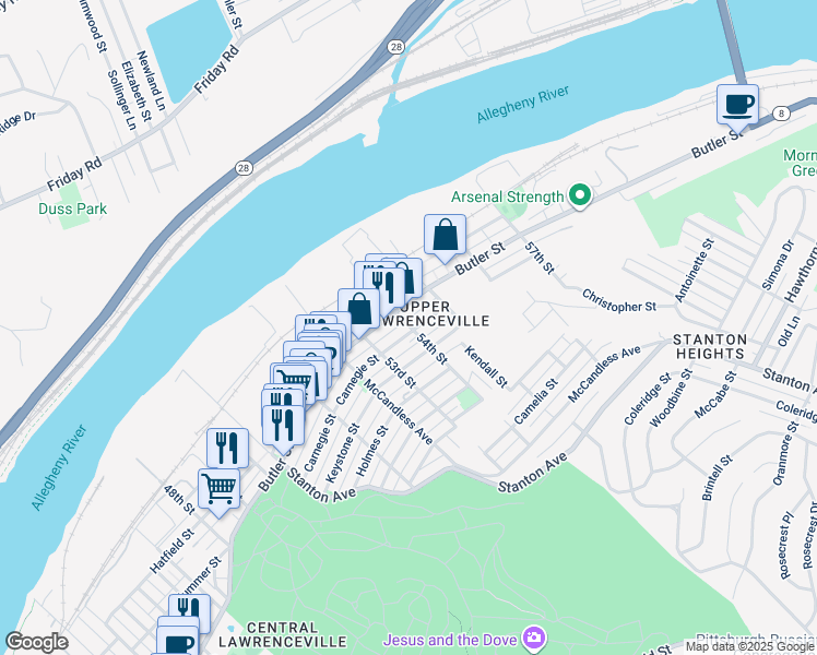 map of restaurants, bars, coffee shops, grocery stores, and more near 5400 Natrona Way in Pittsburgh