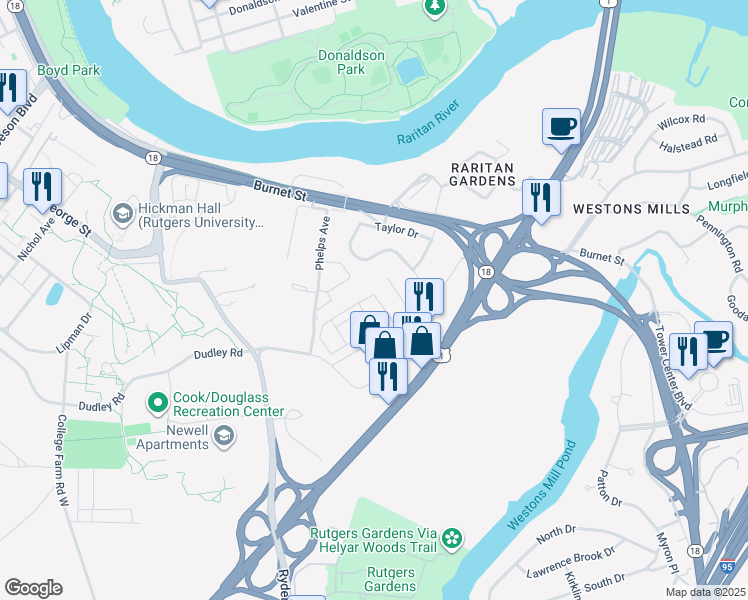 map of restaurants, bars, coffee shops, grocery stores, and more near 88 Phelps Avenue in New Brunswick