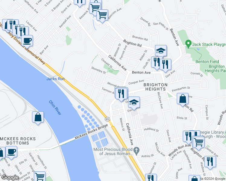 map of restaurants, bars, coffee shops, grocery stores, and more near 1714 Termon Avenue in Pittsburgh