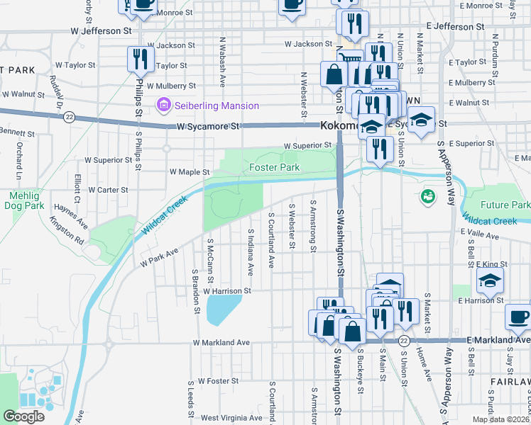 map of restaurants, bars, coffee shops, grocery stores, and more near 417 South Courtland Avenue in Kokomo