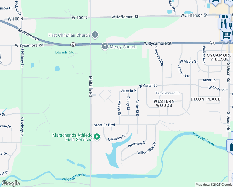 map of restaurants, bars, coffee shops, grocery stores, and more near 391 Mirage Drive in Kokomo