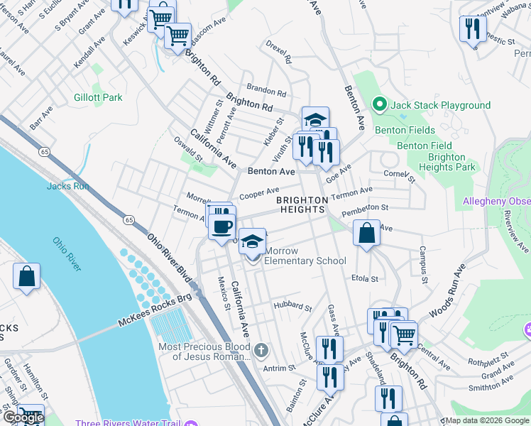 map of restaurants, bars, coffee shops, grocery stores, and more near Termon Avenue in Pittsburgh