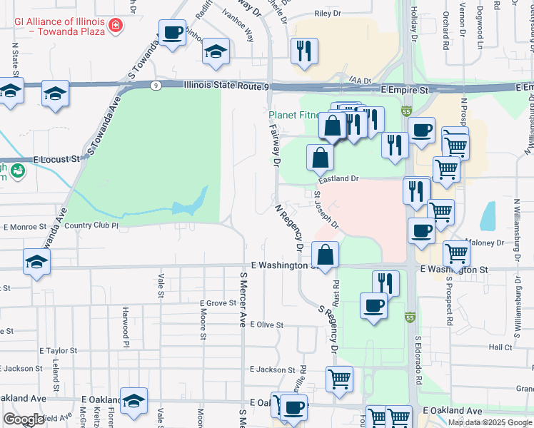 map of restaurants, bars, coffee shops, grocery stores, and more near 1 Canterbury Court in Bloomington