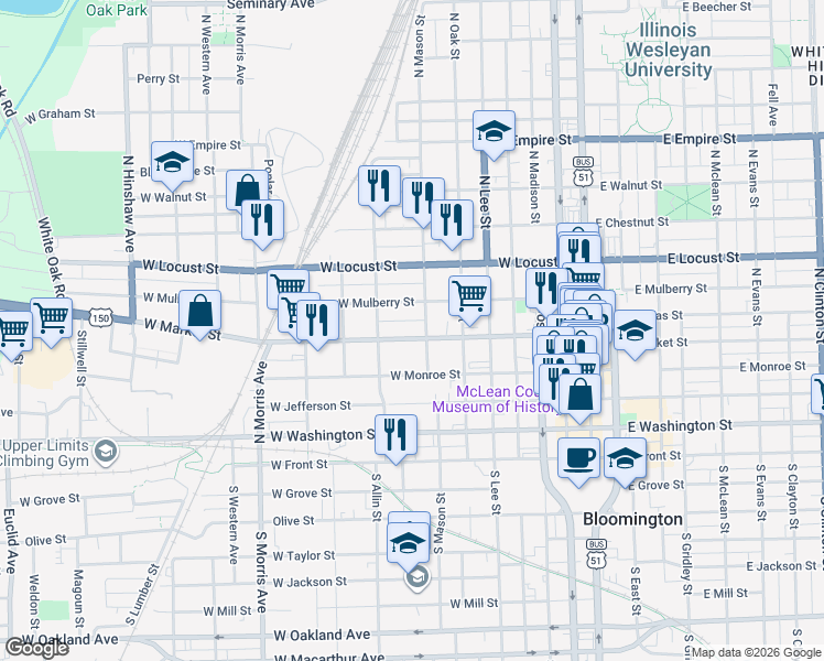 map of restaurants, bars, coffee shops, grocery stores, and more near 705 West Market Street in Bloomington