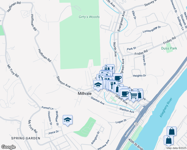 map of restaurants, bars, coffee shops, grocery stores, and more near 101 Colton Street in Pittsburgh