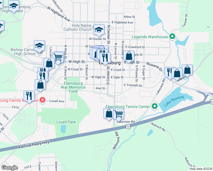 map of restaurants, bars, coffee shops, grocery stores, and more near 401-437 S Locust St in Ebensburg