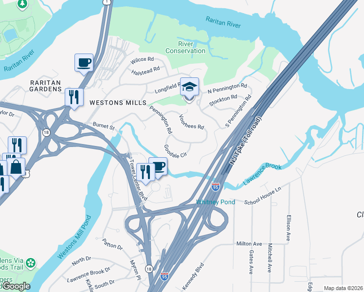 map of restaurants, bars, coffee shops, grocery stores, and more near 29 Goodale Circle in New Brunswick