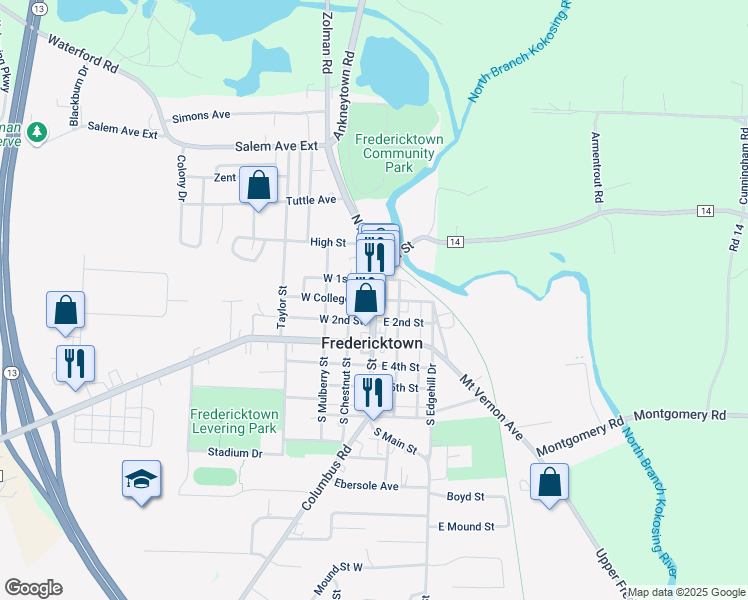 map of restaurants, bars, coffee shops, grocery stores, and more near N Main St & E College St in Fredericktown