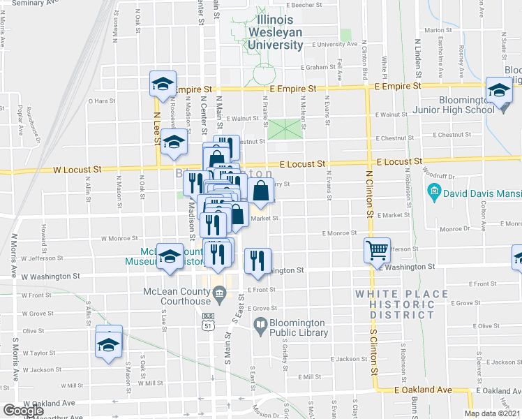 map of restaurants, bars, coffee shops, grocery stores, and more near 215 East Douglas Street in Bloomington