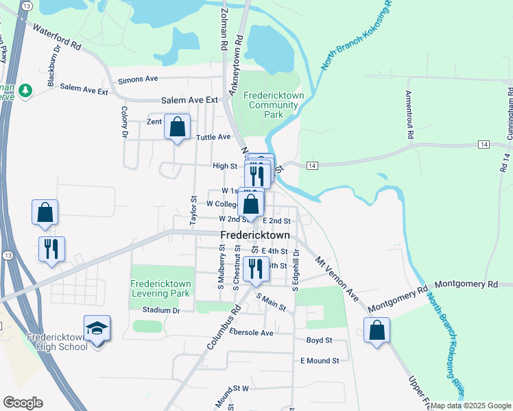 map of restaurants, bars, coffee shops, grocery stores, and more near N Main St & E College St in Fredericktown