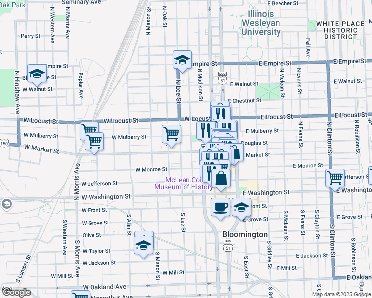 map of restaurants, bars, coffee shops, grocery stores, and more near 405 West Market Street in Bloomington