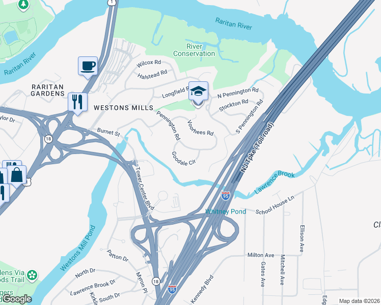 map of restaurants, bars, coffee shops, grocery stores, and more near 29 Goodale Circle in New Brunswick