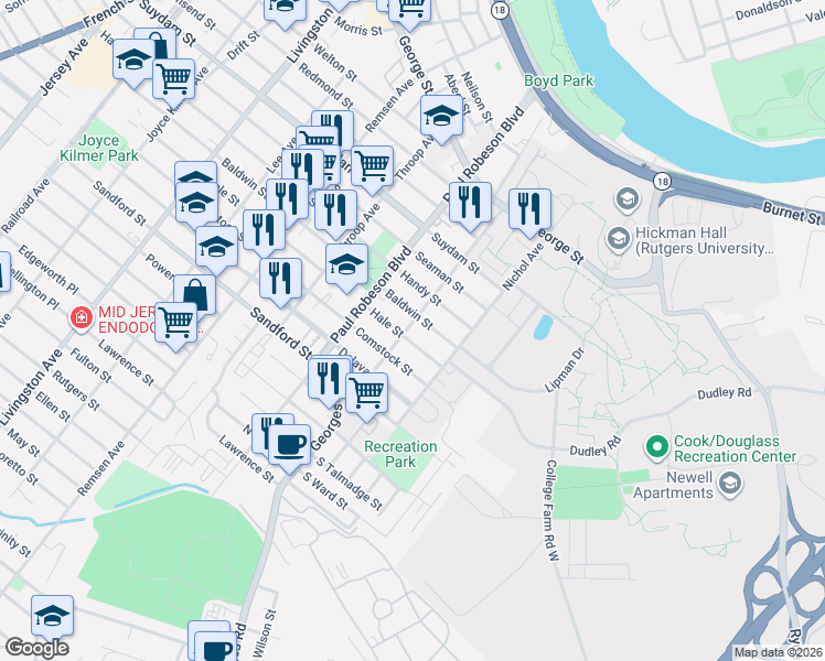 map of restaurants, bars, coffee shops, grocery stores, and more near 21 Hale Street in New Brunswick