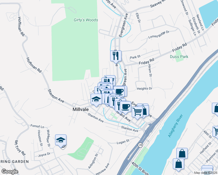 map of restaurants, bars, coffee shops, grocery stores, and more near 316 North Avenue in Pittsburgh