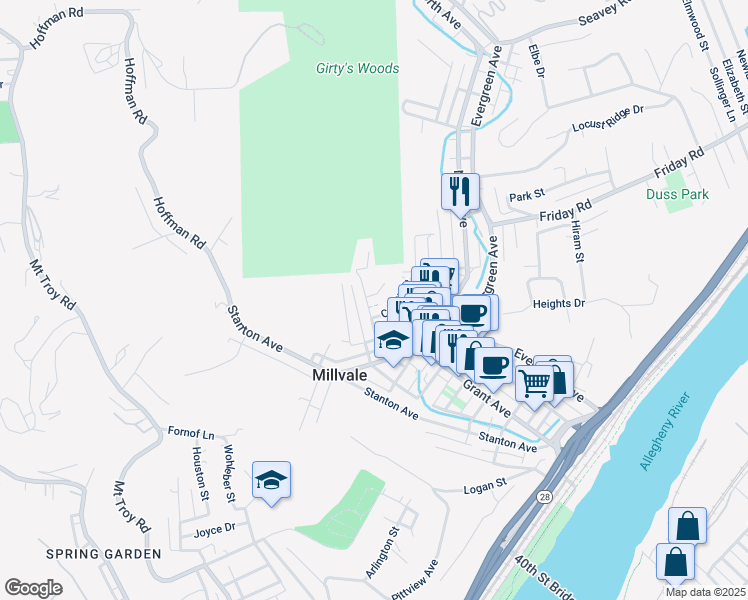 map of restaurants, bars, coffee shops, grocery stores, and more near 101 Colton Street in Pittsburgh